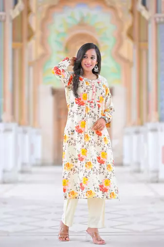 Yash gallery women's cotton slub floral print calf length mandarin collar straight kurta with pant (multi)