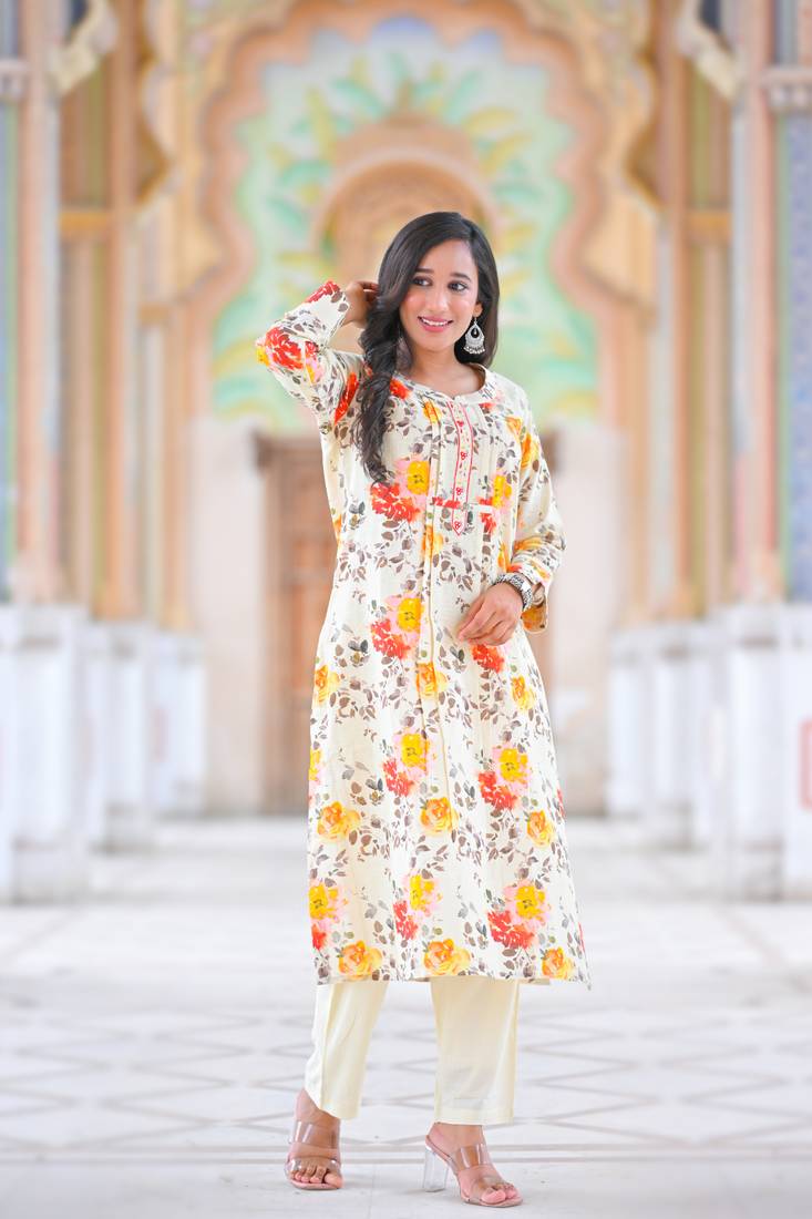Yash gallery women's cotton slub floral print calf length mandarin collar straight kurta with pant (multi)