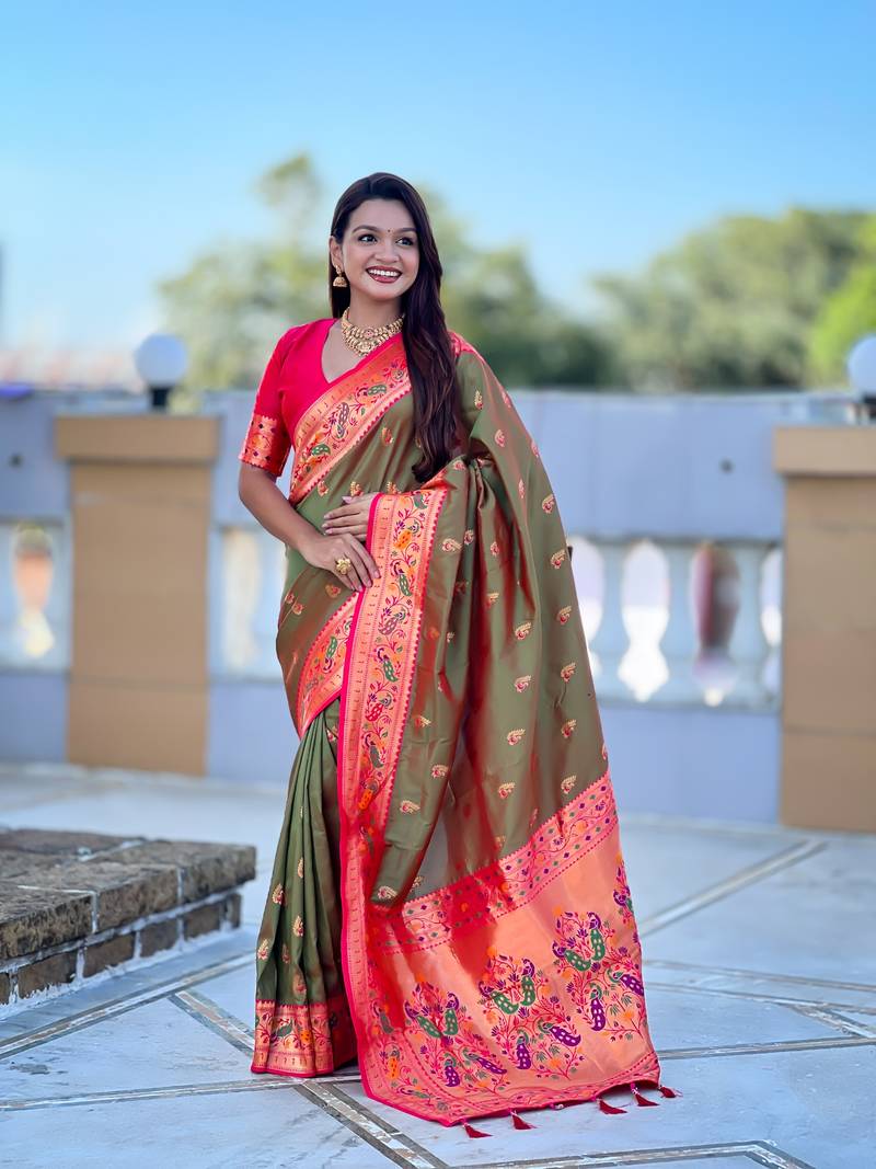  Dark green color zari weawing Meenakari design  Pethani silk saree