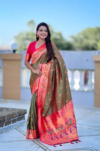  Dark green color zari weawing Meenakari design  Pethani silk saree