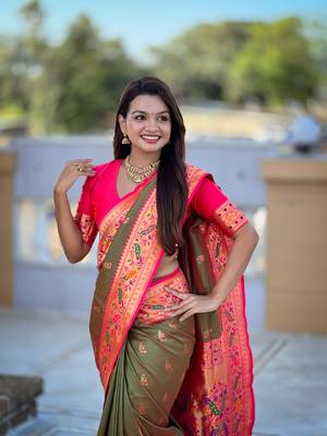  Dark green color zari weawing Meenakari design  Pethani silk saree 2