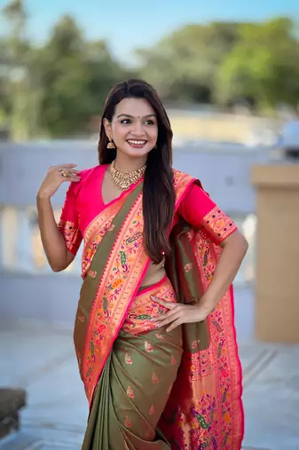  Dark green color zari weawing Meenakari design  Pethani silk saree