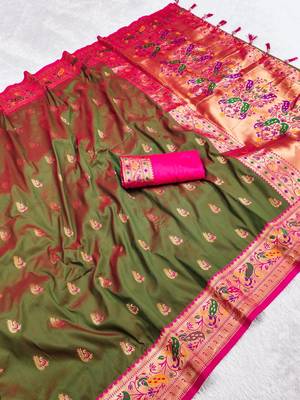  Dark green color zari weawing Meenakari design  Pethani silk saree 3