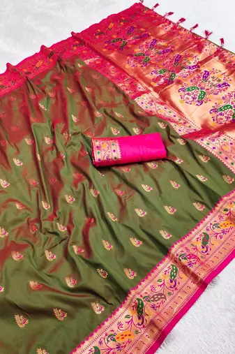  Dark green color zari weawing Meenakari design  Pethani silk saree