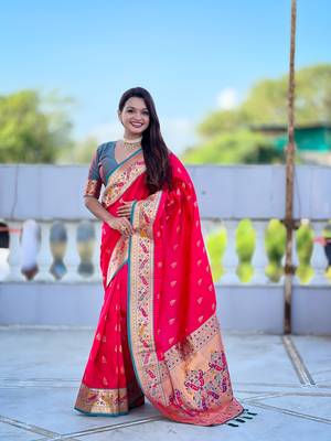  Hot pink color zari weawing Meenakari design  Pethani silk saree 1