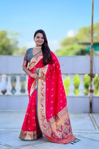  Hot pink color zari weawing Meenakari design  Pethani silk saree