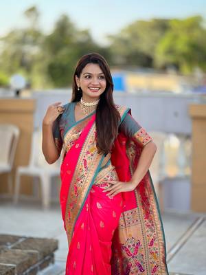  Hot pink color zari weawing Meenakari design  Pethani silk saree 2