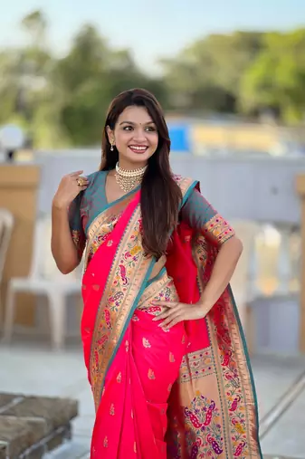  Hot pink color zari weawing Meenakari design  Pethani silk saree