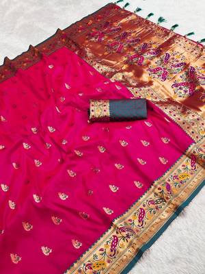  Hot pink color zari weawing Meenakari design  Pethani silk saree 3