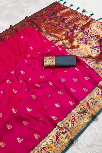  Hot pink color zari weawing Meenakari design  Pethani silk saree