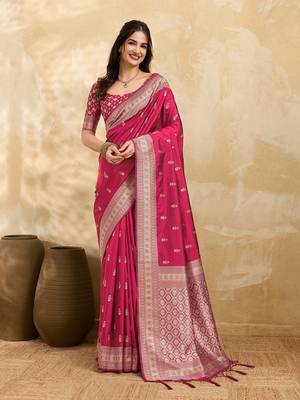 Pink jaquard silk woven zari work traditional saree with unstitch blouse 1