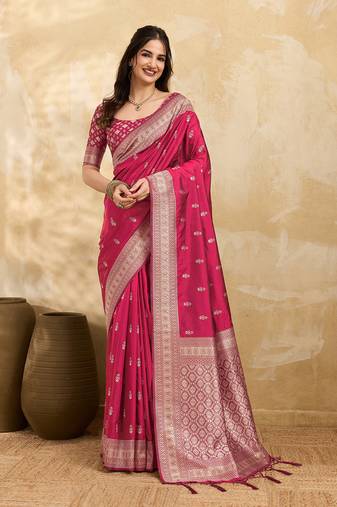 Pink jaquard silk woven zari work traditional saree with unstitch blouse