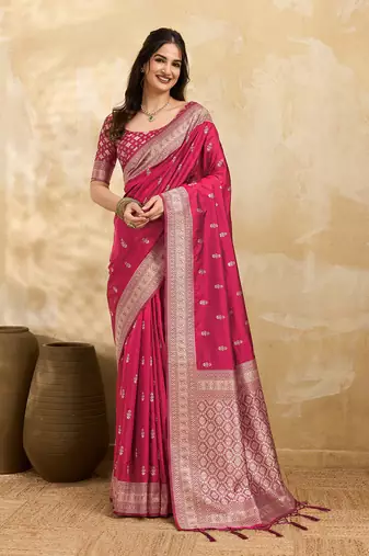 Pink jaquard silk woven zari work traditional saree with unstitch blouse