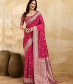 Pink jaquard silk woven zari work traditional saree with unstitch blouse