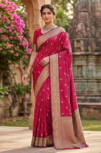 Pink jaquard silk woven zari work traditional saree with unstitch blouse