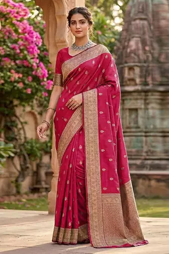 Pink jaquard silk woven zari work traditional saree with unstitch blouse