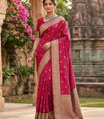 Pink jaquard silk woven zari work traditional saree with unstitch blouse