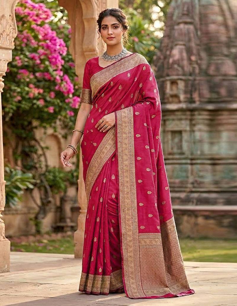 Pink jaquard silk woven zari work traditional saree with unstitch blouse