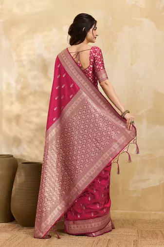 Pink jaquard silk woven zari work traditional saree with unstitch blouse