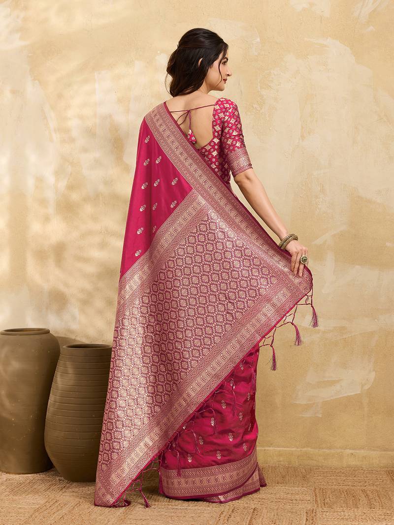 Pink jaquard silk woven zari work traditional saree with unstitch blouse