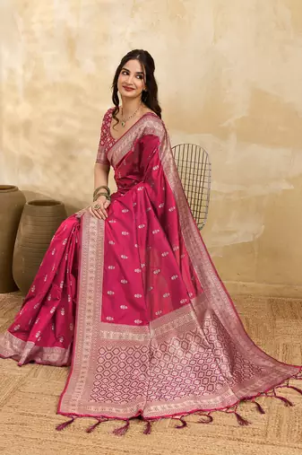 Pink jaquard silk woven zari work traditional saree with unstitch blouse