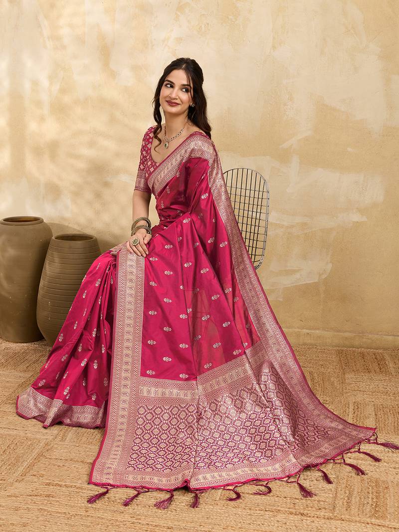 Pink jaquard silk woven zari work traditional saree with unstitch blouse