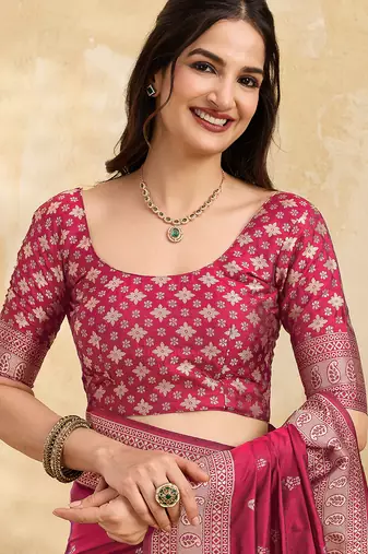 Pink jaquard silk woven zari work traditional saree with unstitch blouse