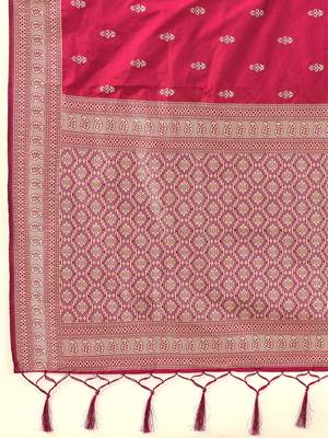 Pink jaquard silk woven zari work traditional saree with unstitch blouse 5