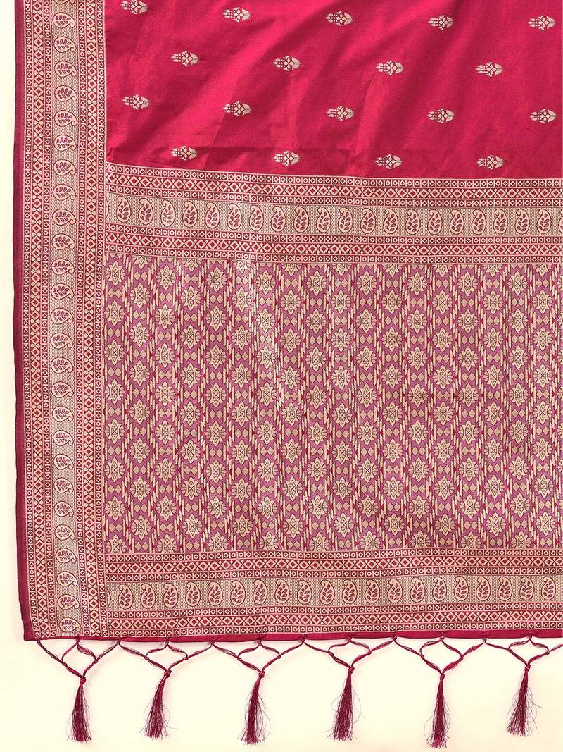 Pink jaquard silk woven zari work traditional saree with unstitch blouse