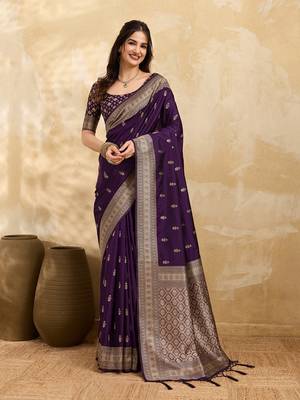 Purple jaquard silk woven zari work traditional saree with unstitch blouse 1