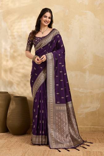 Purple jaquard silk woven zari work traditional saree with unstitch blouse