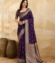 Purple jaquard silk woven zari work traditional saree with unstitch blouse