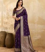 Purple jaquard silk woven zari work traditional saree with unstitch blouse