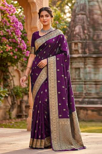 Purple jaquard silk woven zari work traditional saree with unstitch blouse