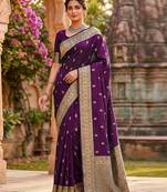 Purple jaquard silk woven zari work traditional saree with unstitch blouse