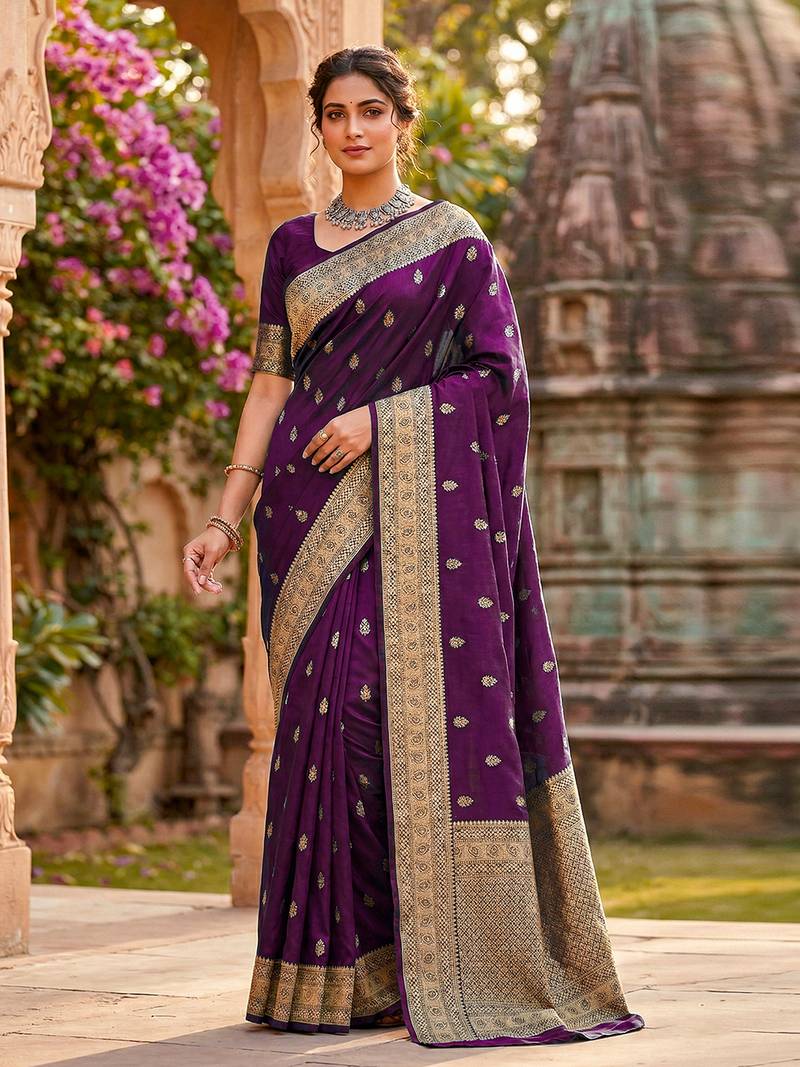 Purple jaquard silk woven zari work traditional saree with unstitch blouse