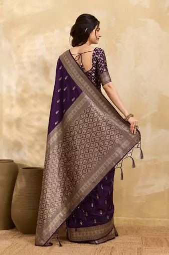 Purple jaquard silk woven zari work traditional saree with unstitch blouse