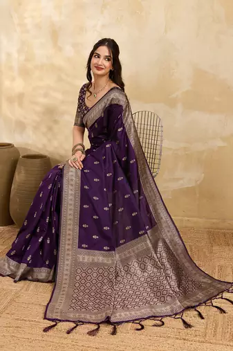 Purple jaquard silk woven zari work traditional saree with unstitch blouse