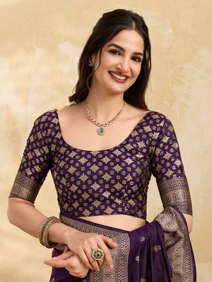Purple jaquard silk woven zari work traditional saree with unstitch blouse 4