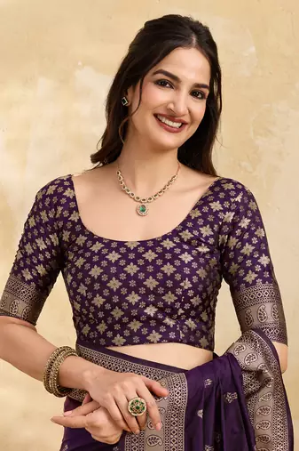 Purple jaquard silk woven zari work traditional saree with unstitch blouse