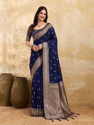 Navyblue jaquard silk woven zari work traditional saree with unstitch blouse 1