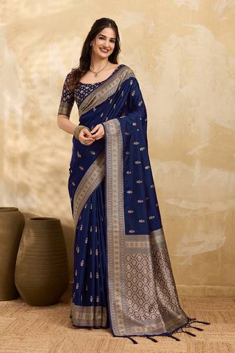 Navyblue jaquard silk woven zari work traditional saree with unstitch blouse