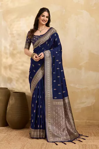 Navyblue jaquard silk woven zari work traditional saree with unstitch blouse