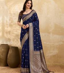 Navyblue jaquard silk woven zari work traditional saree with unstitch blouse