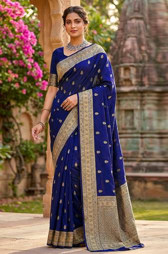 Navyblue jaquard silk woven zari work traditional saree with unstitch blouse