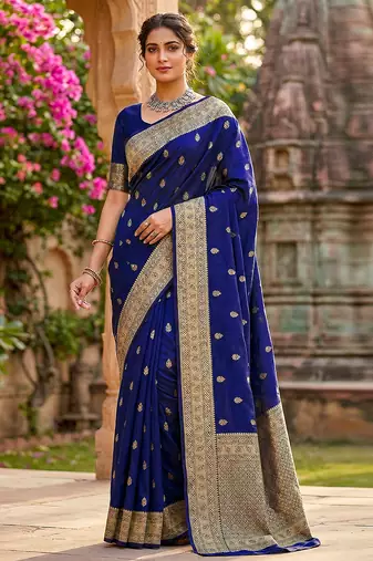 Navyblue jaquard silk woven zari work traditional saree with unstitch blouse