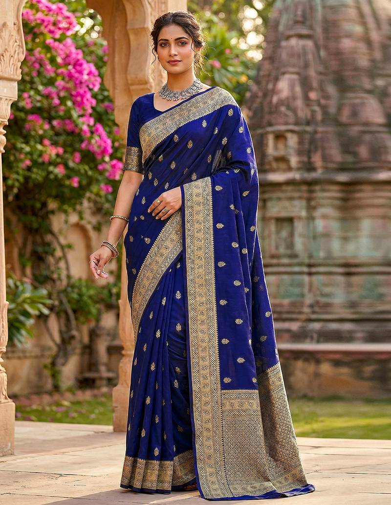 Navyblue jaquard silk woven zari work traditional saree with unstitch blouse