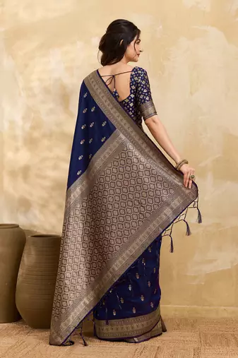 Navyblue jaquard silk woven zari work traditional saree with unstitch blouse