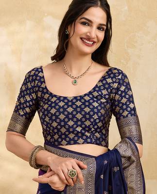 Navyblue jaquard silk woven zari work traditional saree with unstitch blouse 4