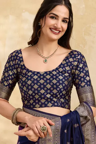 Navyblue jaquard silk woven zari work traditional saree with unstitch blouse